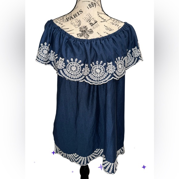 Fever Tops - Fever Navy Blue Off-Shoulder Blouse with White Embroidery